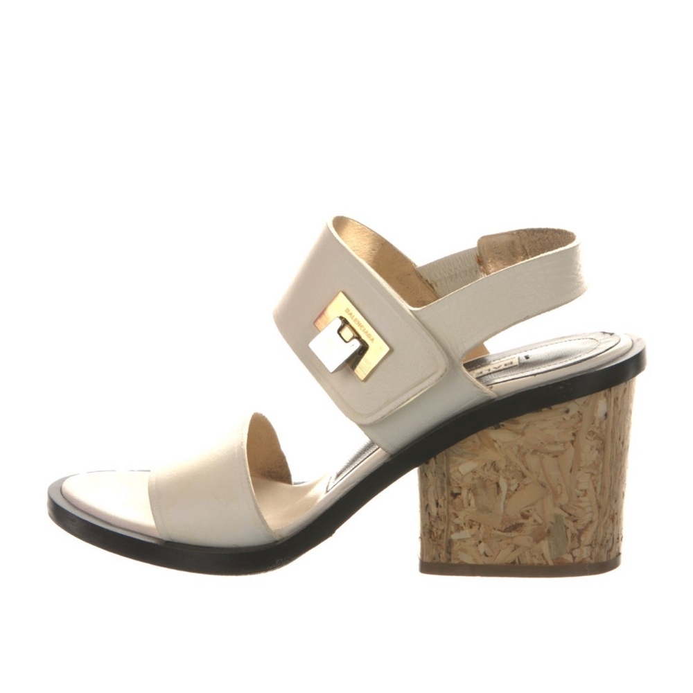 Balenciaga cream wooden heel sling back strap sandals. Excellent condition
